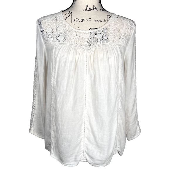 hinge Tops - Hinge Sz S Long Sleeve Sweetheart Bodice Lace Blouse White Lace Accents Boho